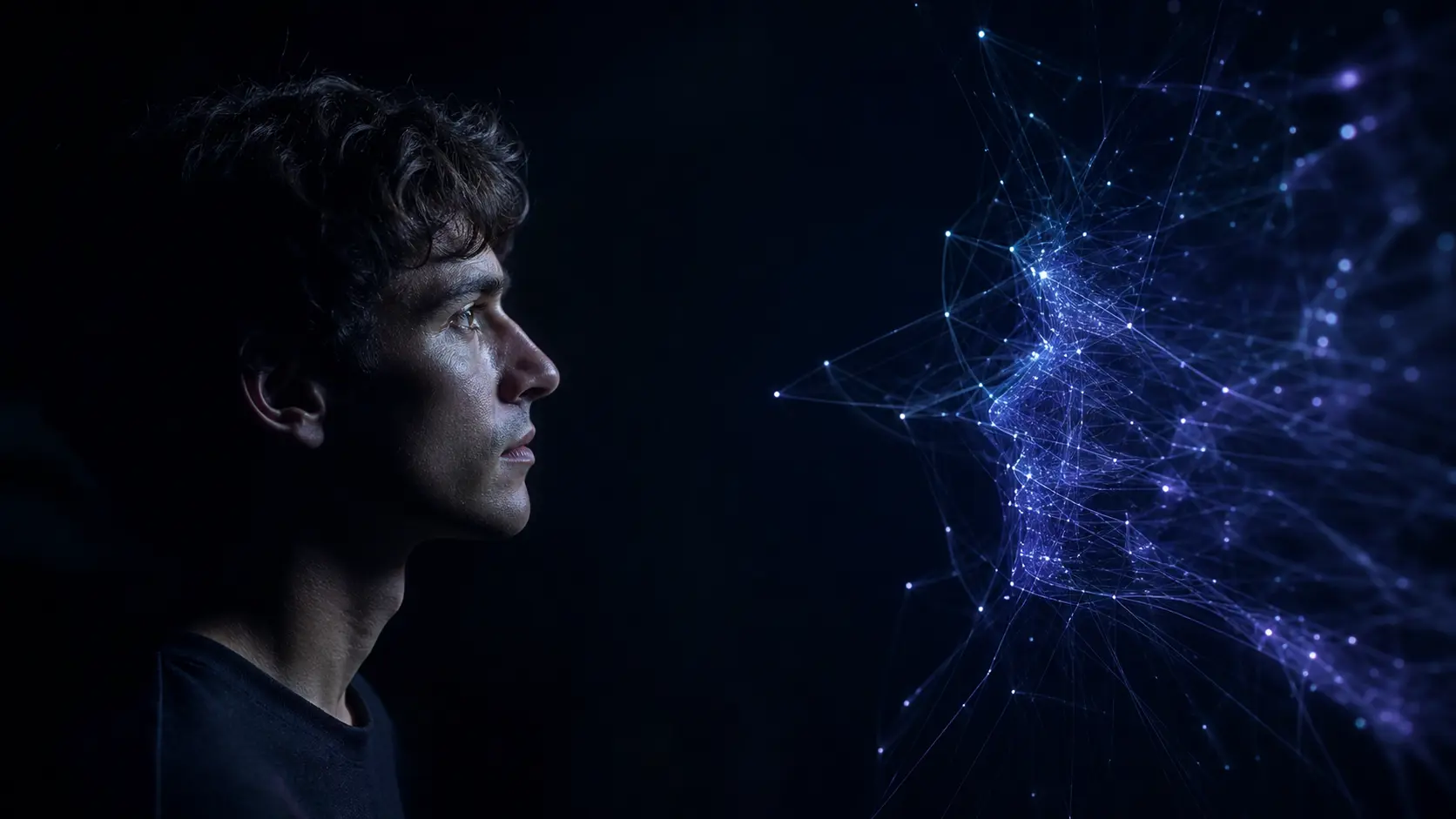 Hombre observando una presencia digital formada por nodos luminosos, representación de la conciencia artificial