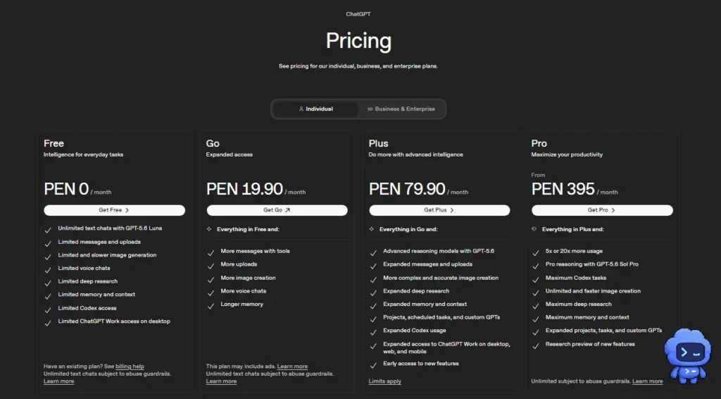 PRECIO DE LOS PLANES INDIVISULES DE CHATGPT- entre los cuales podemos encontre ChatGPT gratis