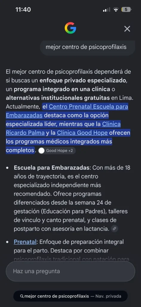 Escuela para Embarazadas destacada en Google para la búsqueda mejor centro de psicoprofilaxis, estrategia realizada por LinkLab agencia SEO